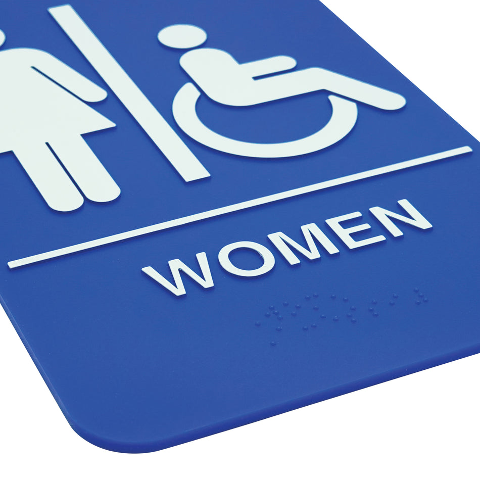 Winco SGNB-651B 6 Inch Sign with Symbol Braille Women Accessible White on Blue