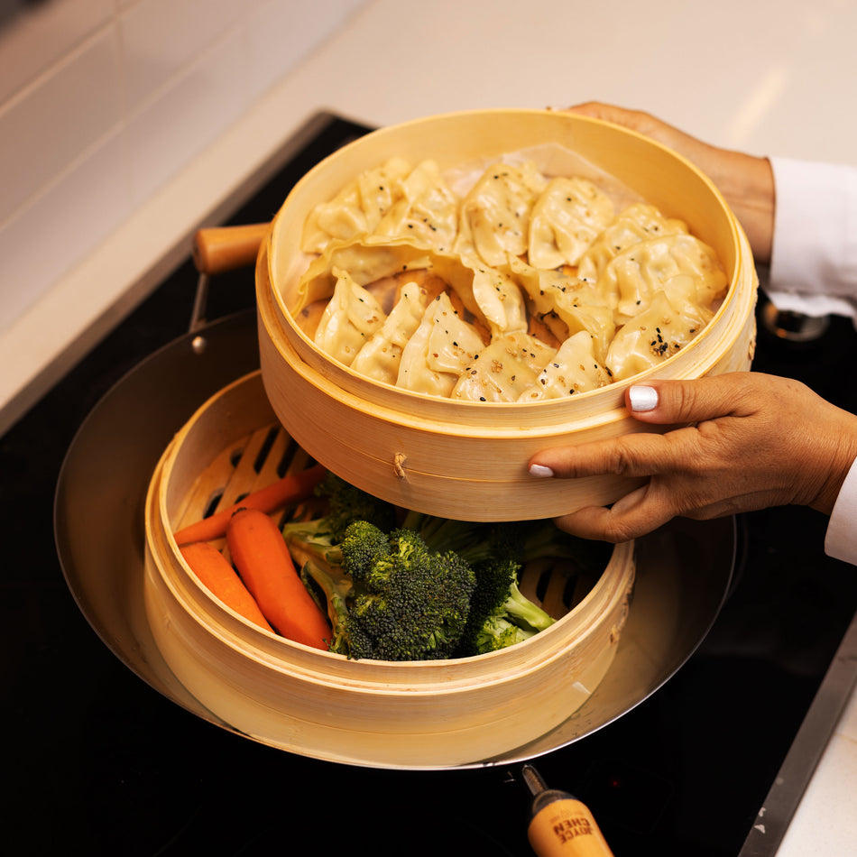 Winco J26-0012 12 Inch 2-tier Bamboo Steamer Basket with Descriptors