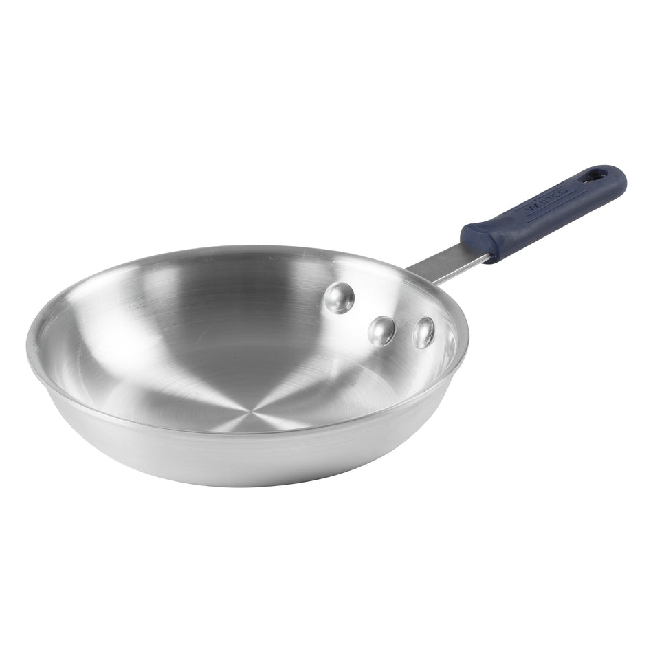 Winco AFP-8A-H 8 Inch Fry Pan Riveted Handle Blue Silicone Sleeve Aluminum