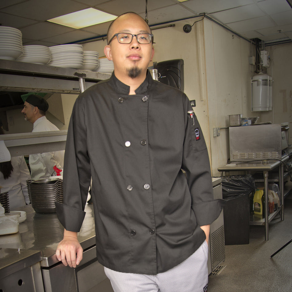 Winco UNF-6KL Large Tapered Fit Double Breasted Professional Chef Coat Black Poly-Cotton