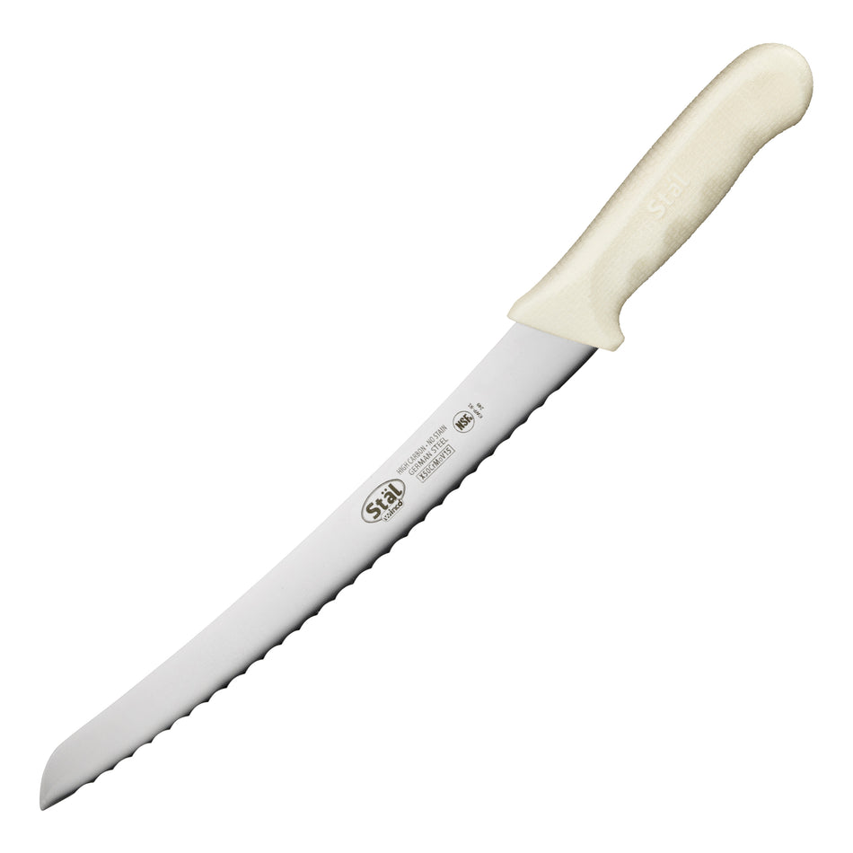 Winco KWP-91 9-1/2 Inch Blade 14-3/4 Inch O.A.L. Bread Knife Curved High Carbon Steel White Polypropylene Handle