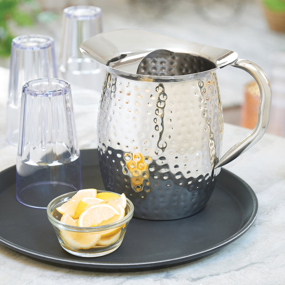 Winco WPB-3CH 3 Quart Bell Pitcher with Ice Guard Hammered Stainless Steel