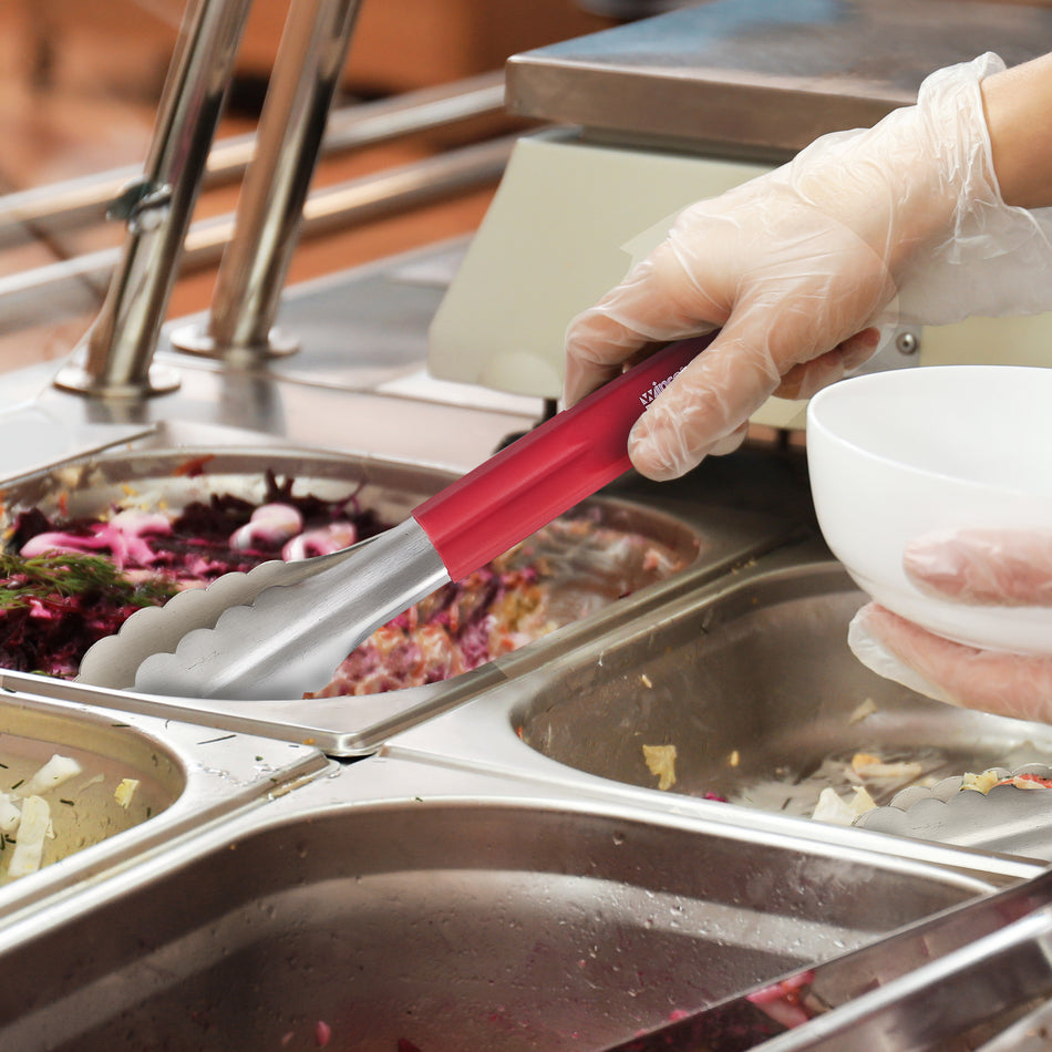 Winco UTSH-9R 9 Inch Stainless Steel Utility Tongs with Red Silicone Handle