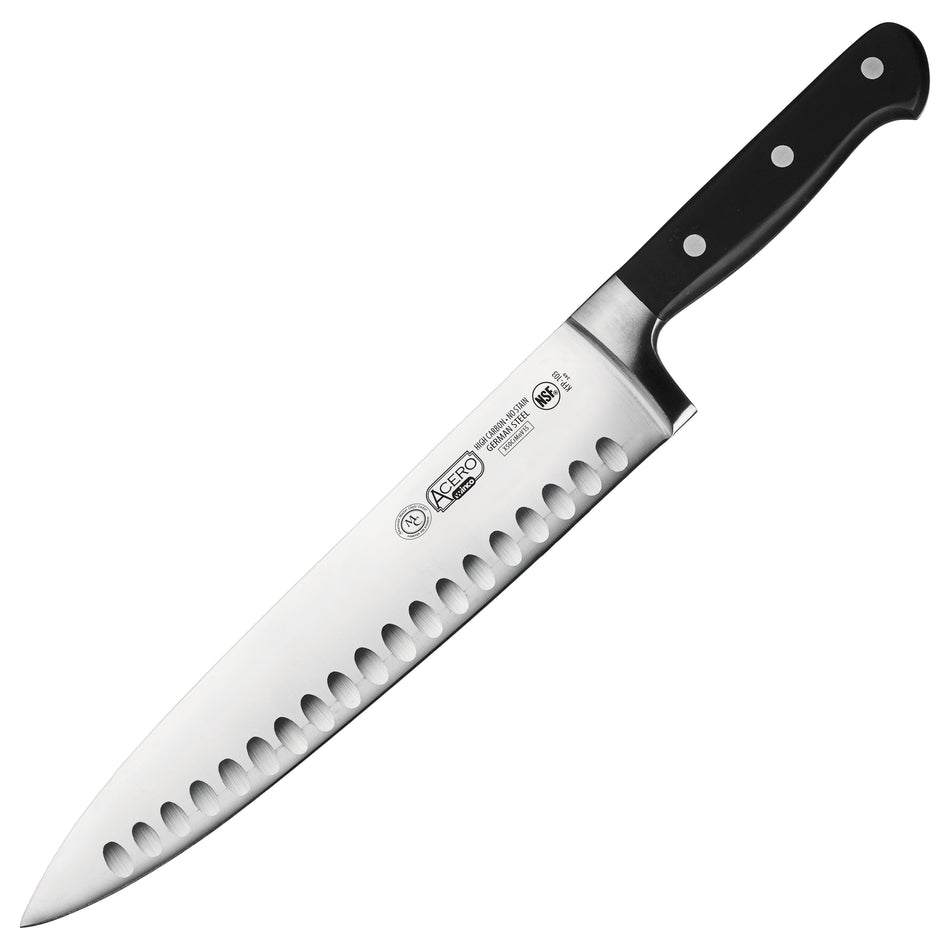 Winco KFP-103 10 Inch Blade Hollow Ground Edge Chef Knife POM Handle Black Forged High Carbon Stainless Steel