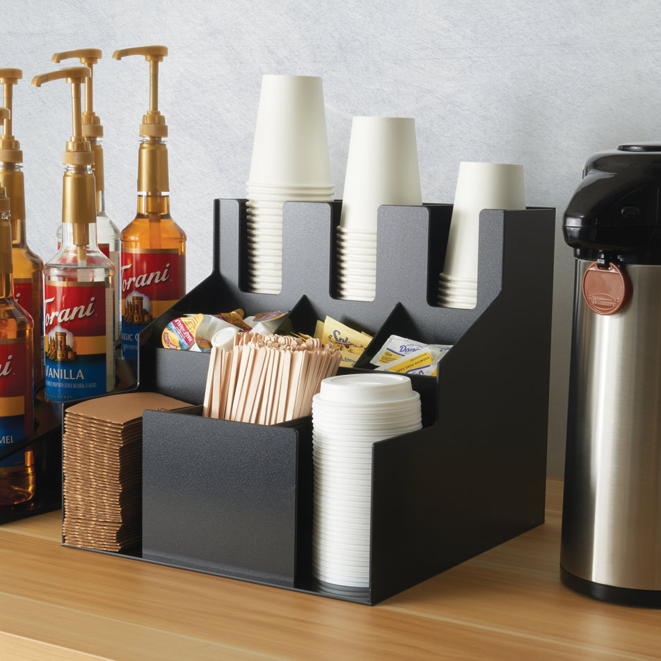 Winco CLSO-3T 12-5/16 Inch Cup and Lid Organizer 3 Tier ABS Black