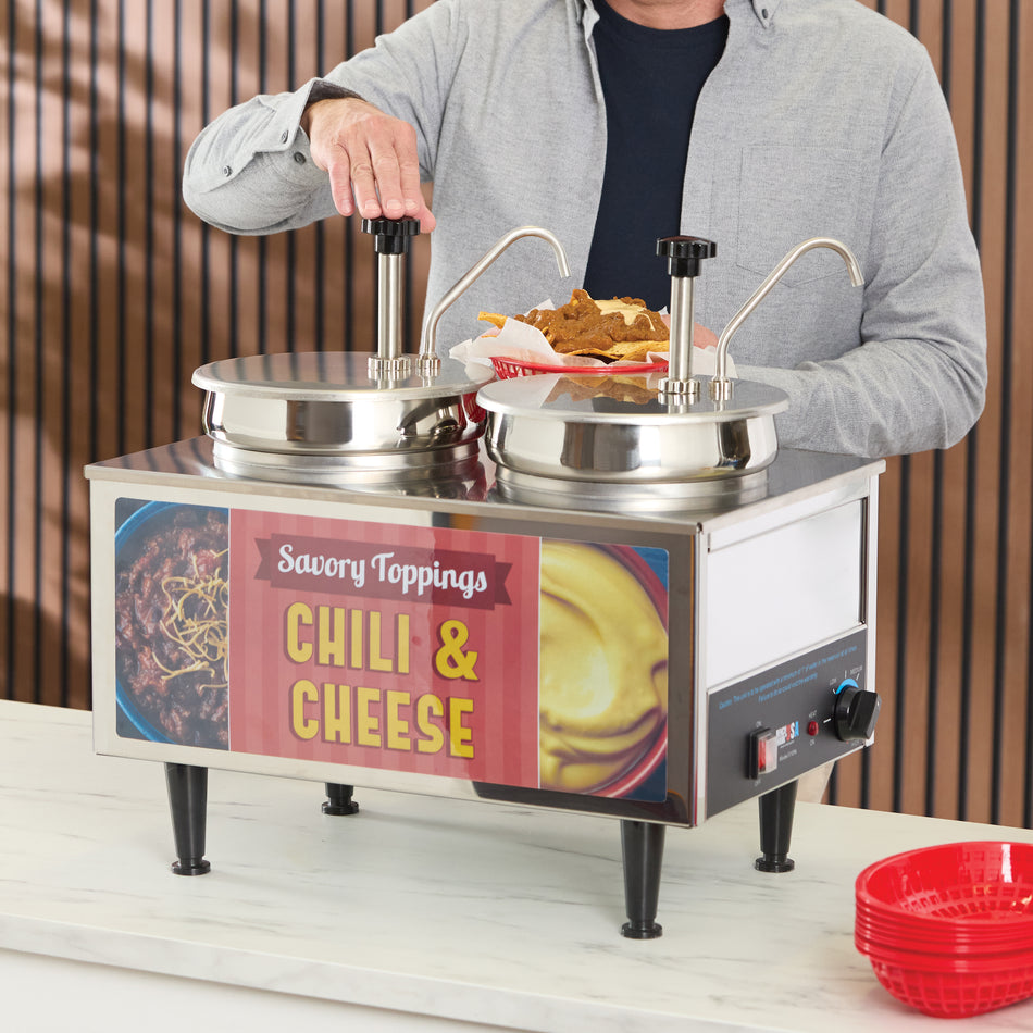Winco 51074A 21 Inch Benchmark Chili and Cheese Warmer with 2 Stainless Steel Pumps