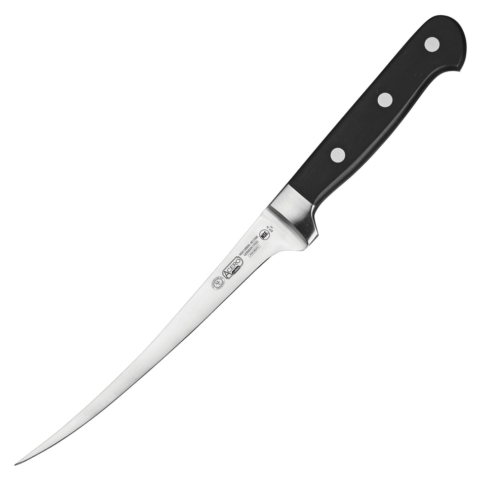 Winco KFP-74 7 Inch Blade Flexible Fillet Knife Forged Black POM Handle