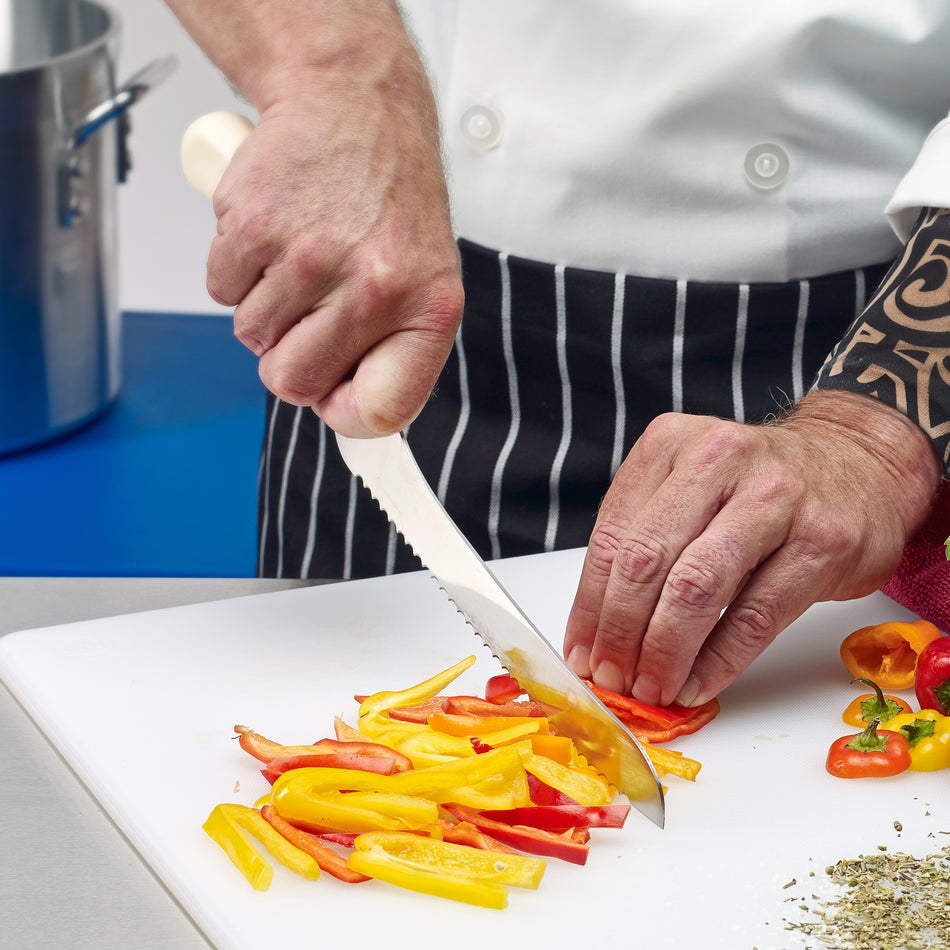 Winco KWP-92 9 Inch Blade 14-1/4 Inch Overall Length Bread Knife Offset High Carbon Steel White Polypropylene Handle