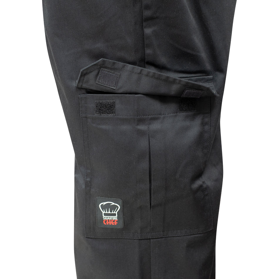 Winco UNF-11KXXL Cargo Chef Pants XXL Black Poly-Cotton Blend with Drawstring