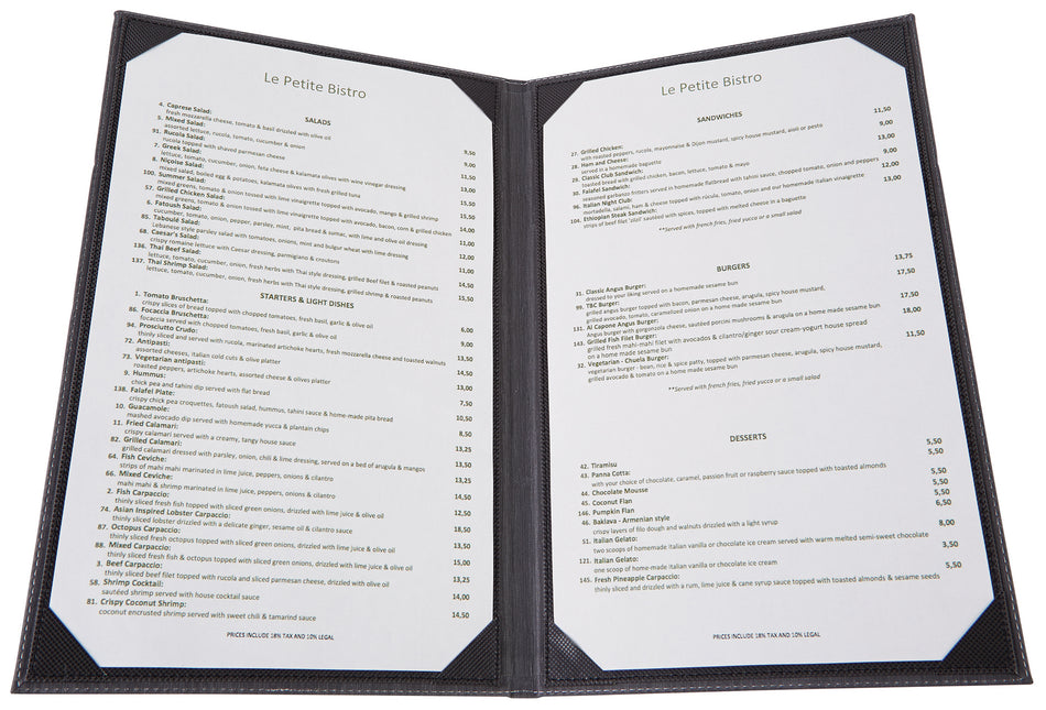 Winco LMD-814BK Legal Size Menu Cover Double Fold Leather-like Black