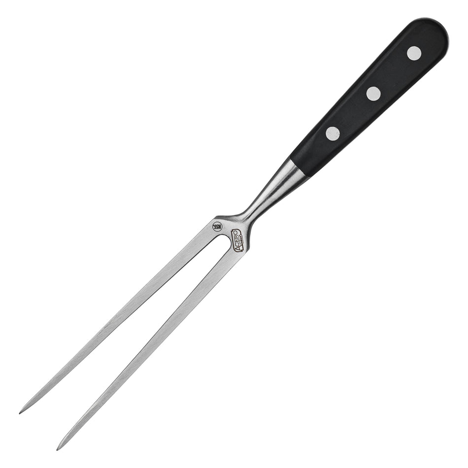 Winco KFP-71 12 Inch O.A.L. Straight Cook's Fork One Piece POM Handle Black High Carbon Stainless Steel with Descriptors