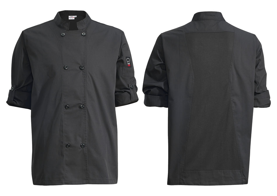 Winco UNF-12KM Medium Tapered Fit Ventilated Chef Jacket Black Poly-Cotton