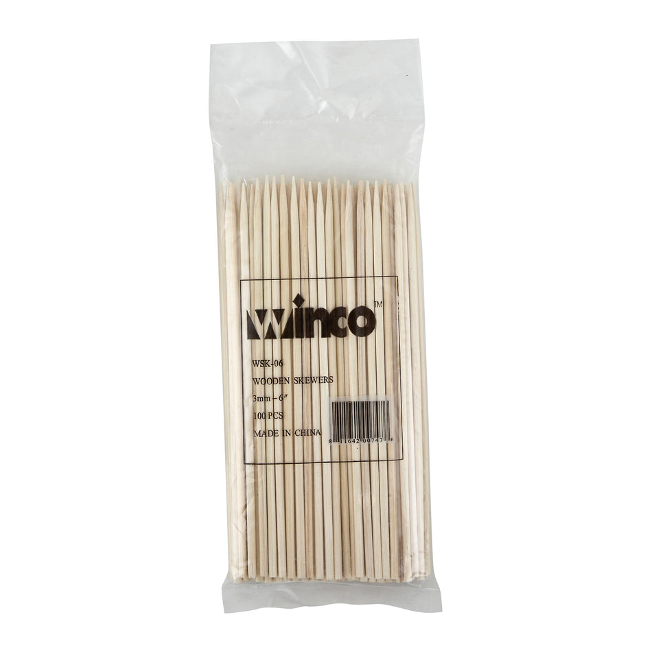 Winco WSK-06 6 Inch Bamboo Skewers Disposable 100 Count Pack