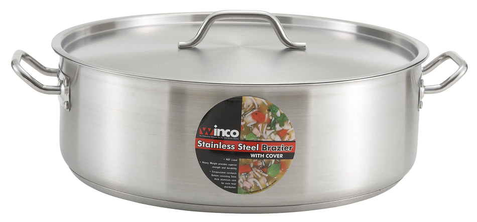 Winco SSLB-8 8 Quarts Round Brazier Pan with Cover Tri-Ply Aluminum Core Stainless Steel