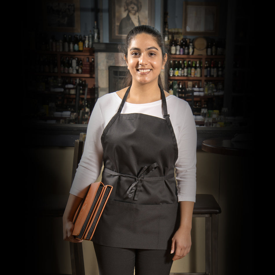 Winco BA-2724K 24 Inch Length Bib Apron with 3 Pockets Adjustable Neck Strap Black Poly-cotton