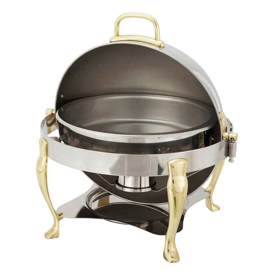 Winco 308A 6 Quarts Round Chafer Roll Top Brass Handles Stainless Steel with Mirror Finish