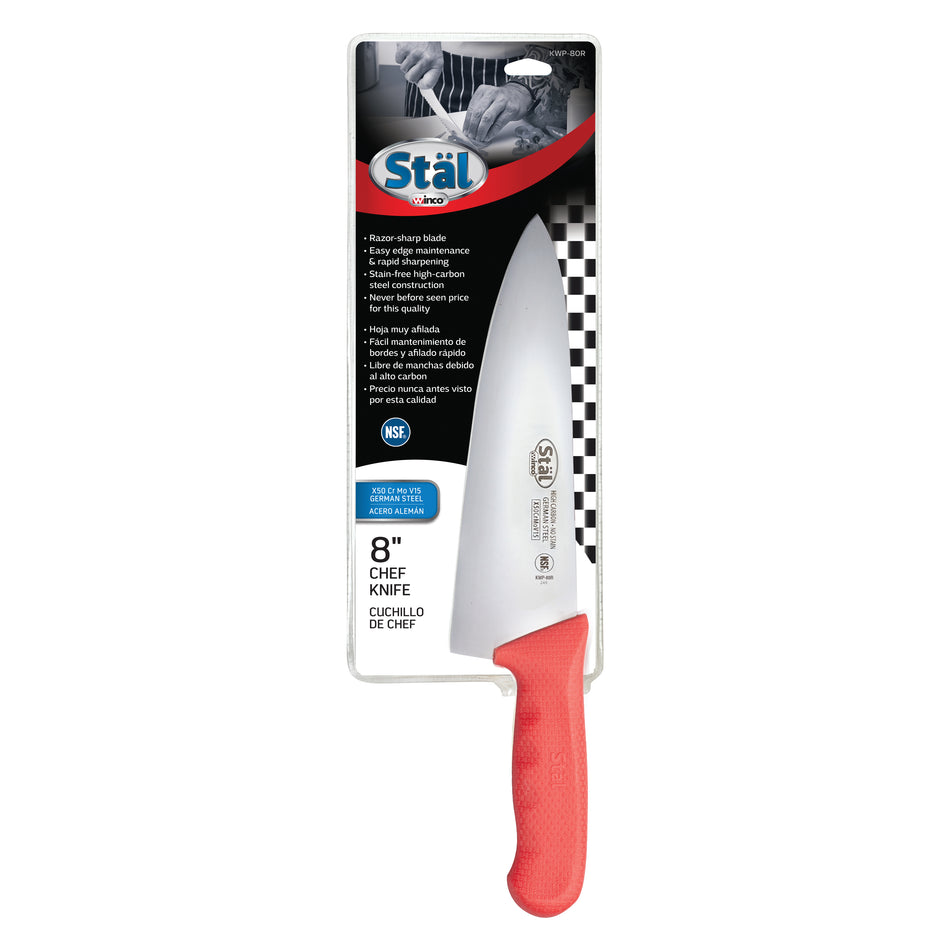 Winco KWP-80R 8 Inch Blade Red Polypropylene Handle Chef Knife Stamped