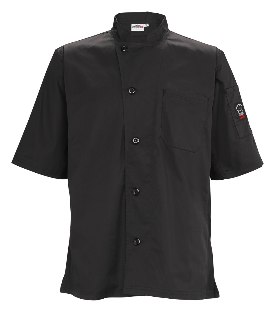 Winco UNF-9KXL Cook's Shirt XL Tapered Fit with Chest Pocket and Thermometer Pocket Black