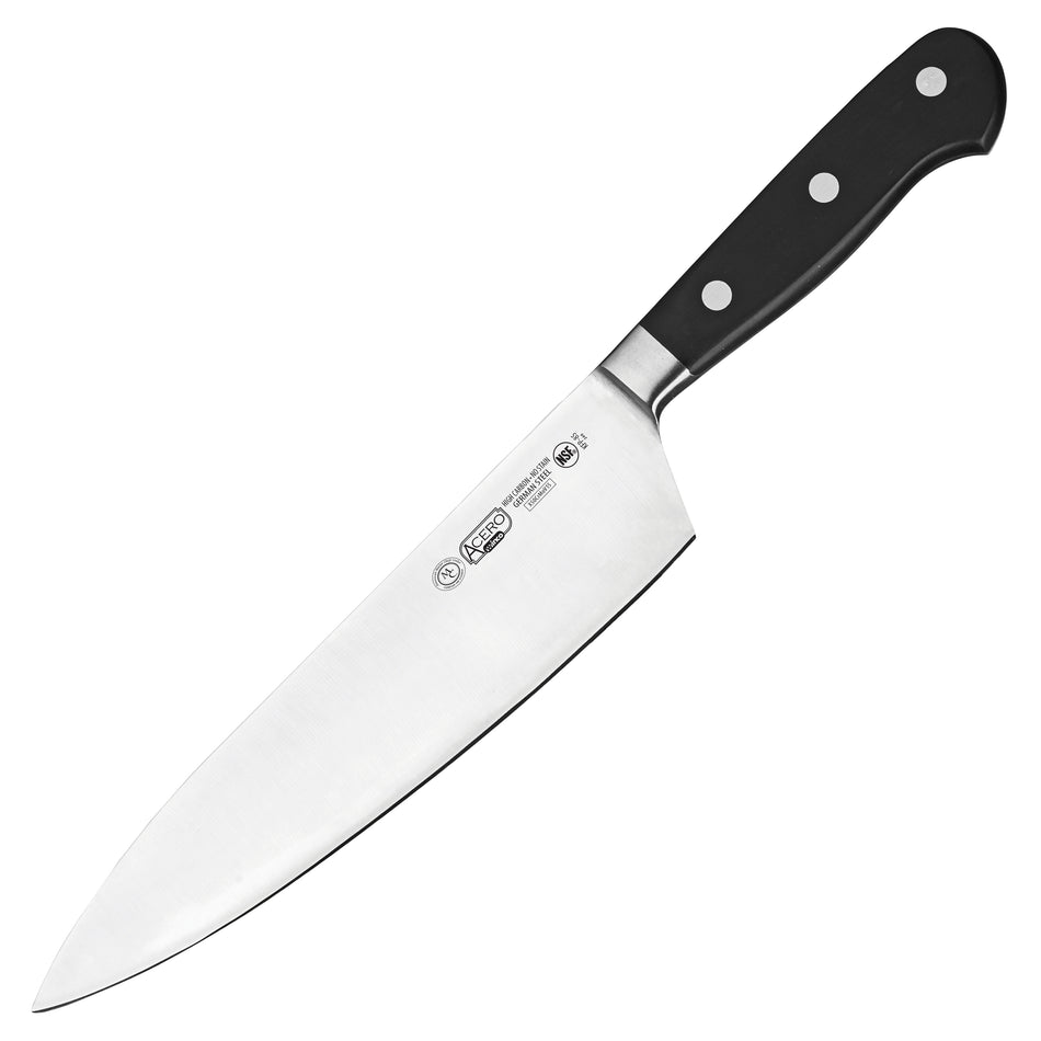 Winco KFP-85 8 Inch Blade Short Bolster Forged Chef Knife High Carbon Stainless Steel Black Handle