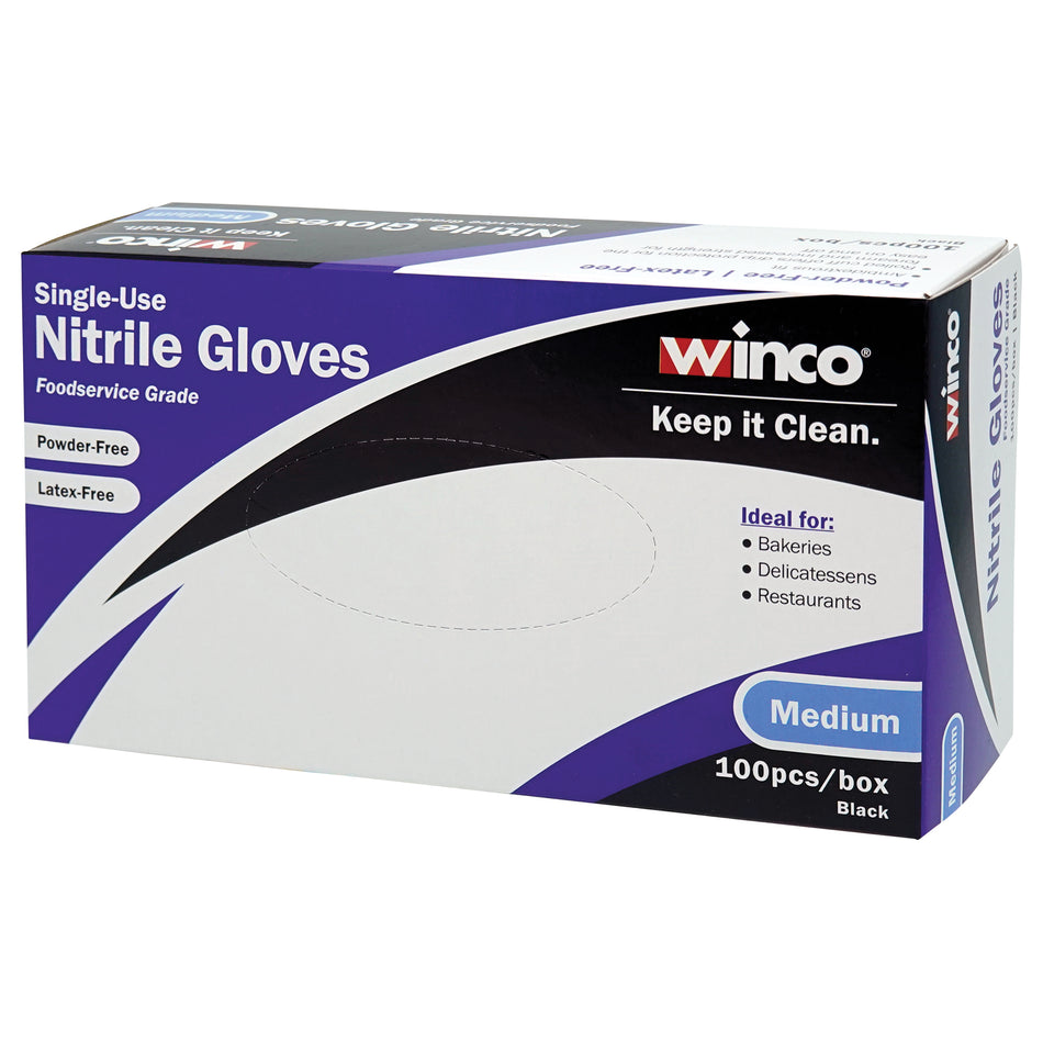 Winco GLN-MB Medium Nitrile Disposable Gloves Black Powder-Free 100 Pack