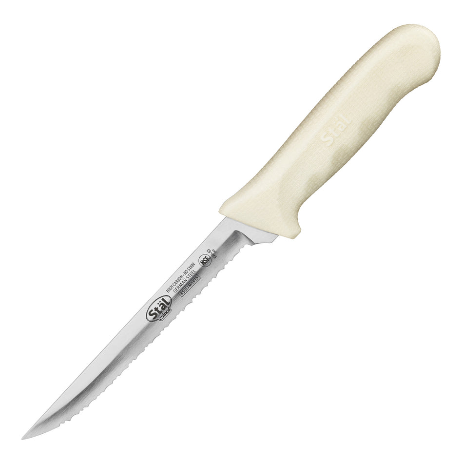 Winco KWP-63 6 Inch Blade Wavy Edge Utility Knife High Carbon Steel White Handle