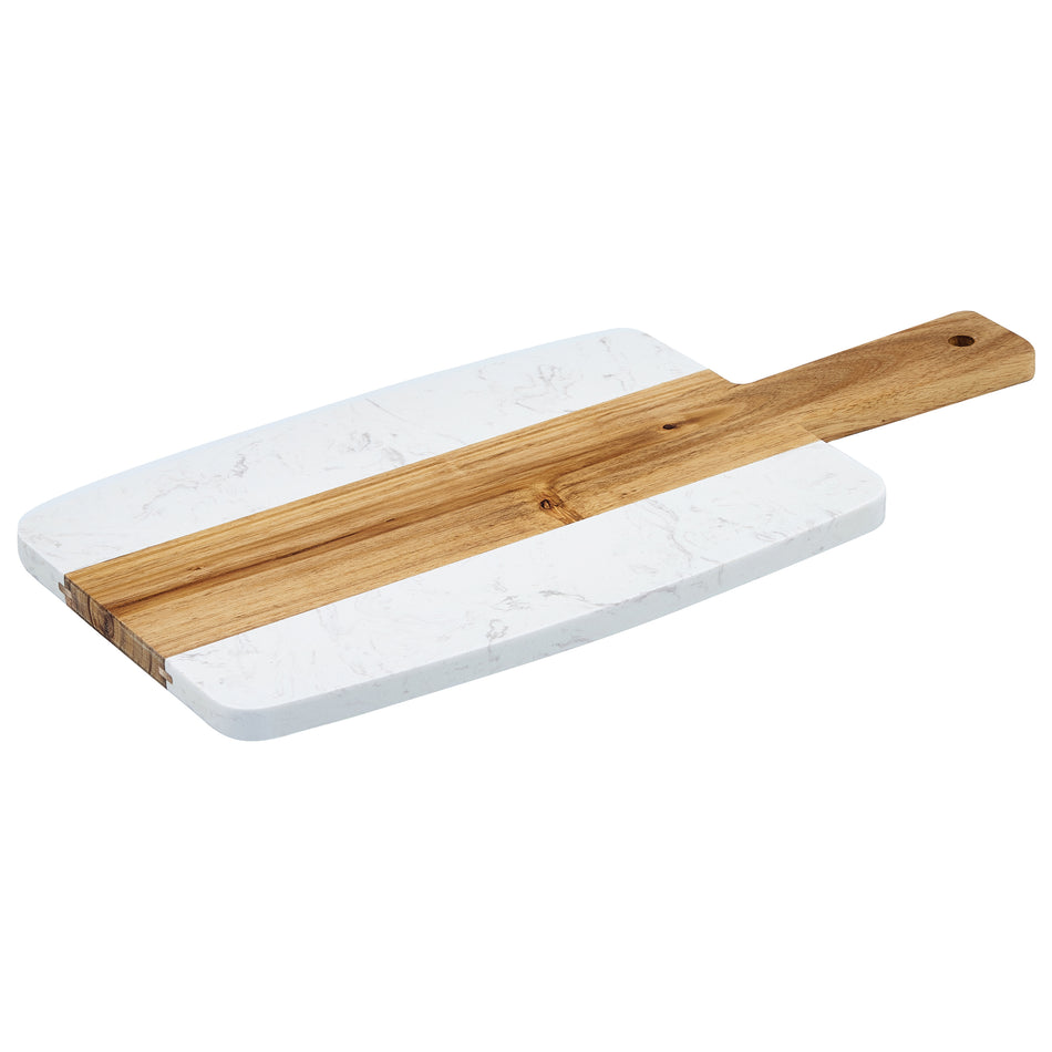 Winco SBMW-157 15 Inch Rectangular Serving Board with Handle White Marble and Acacia Wood
