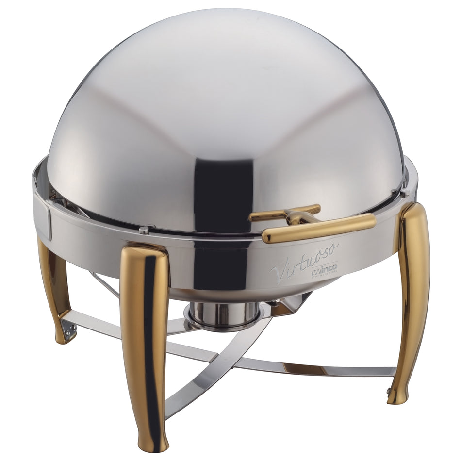 Winco 103A 6 Qt Round Chafing Dish Roll Top Stainless Steel with Food Pan and Water Pan