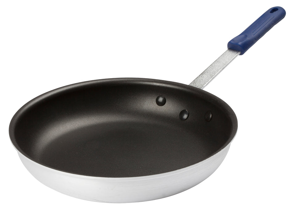 Winco AFP-12XC-H 12 Inch Fry Pan Round Without Lid Riveted Handle Blue Silicone Sleeve Aluminum Non-Stick