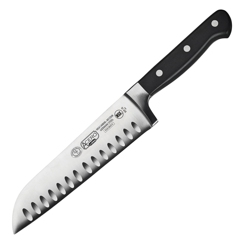 Winco KFP-70 7 Inch Blade 12 Inch Overall Length Acero Santoku Knife Black Plastic