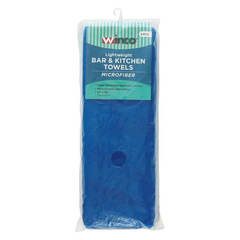 Winco BTM-16B 16 Inch Square Towel Set Blue Microfiber with 6 Packs