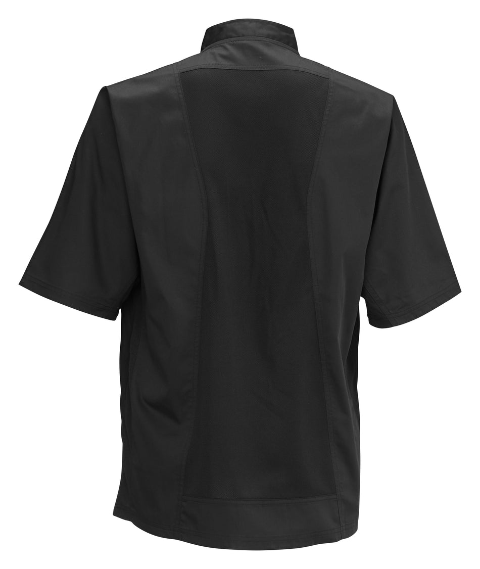 Winco UNF-9KM Medium Cook's Shirt with Chest and Thermometer Pocket Black Poly-Cotton