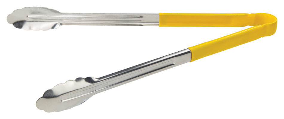 Winco UT-16HP-Y 16 Inch Utility Tongs for Cold Food Service with Scalloped Edge Yellow Plastic Handle Stainless Steel