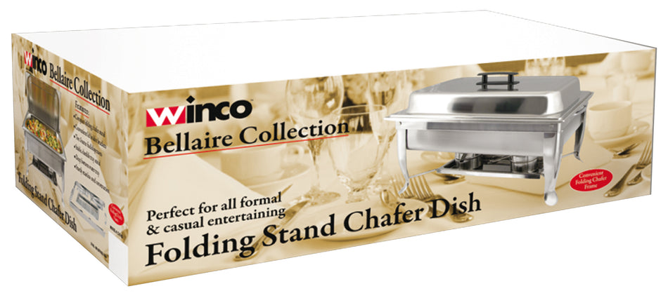 Winco C-1080 8 Quarts Chafer Rectangular with Folding Stand Polished Stainless Steel