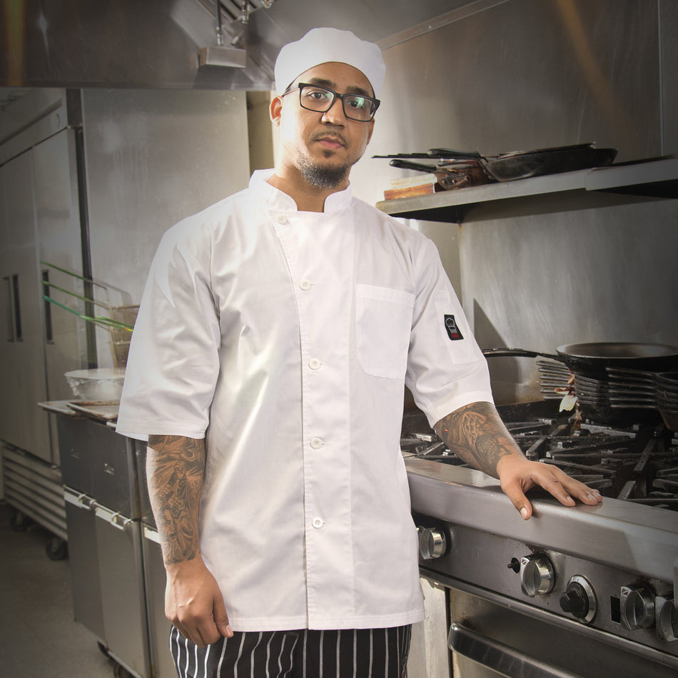 Winco UNF-1WM Mens Unisex Medium Broadway Chef Shirt Short Sleeve Snap Buttons