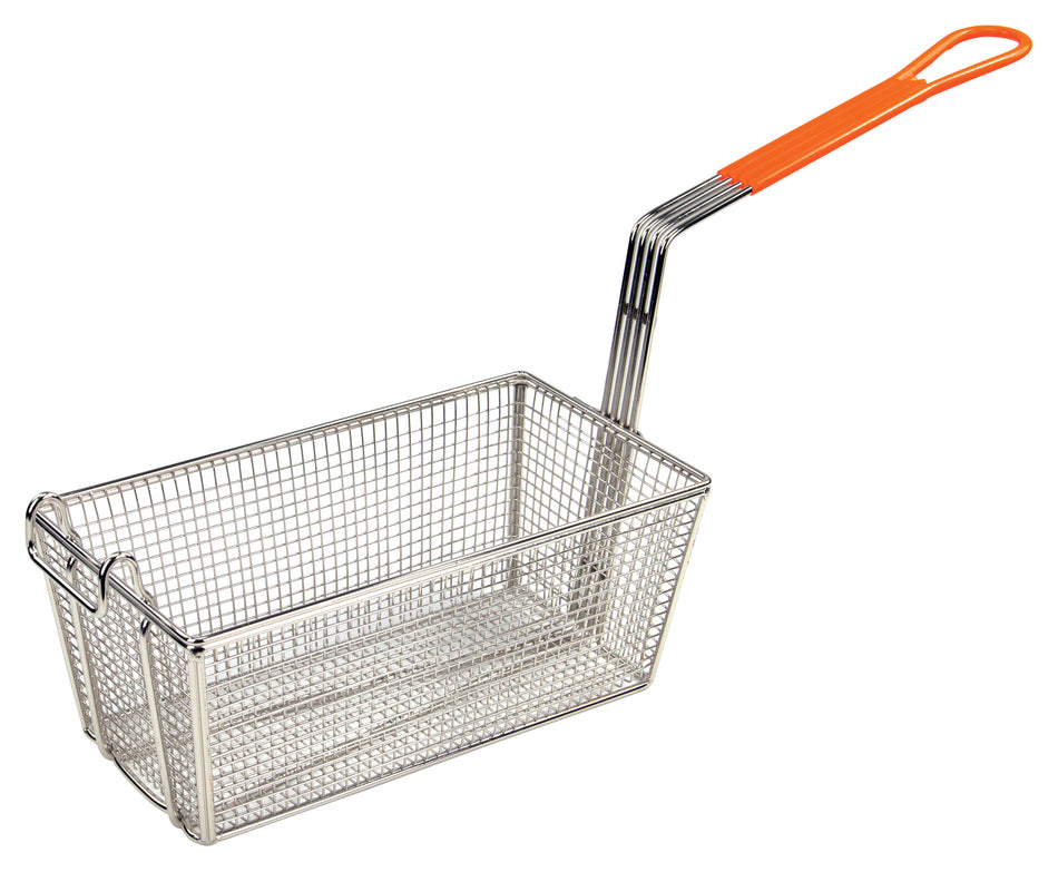 Winco FB-10 12-1/4 Inch Fry Basket Nickel Plated Steel with Orange Handle
