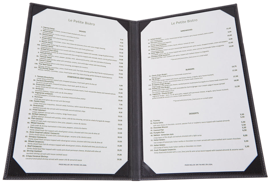 Winco LMD-811BK 8-1/2 Inch x 11 Inch Double Fold Menu Cover Leather-like Black