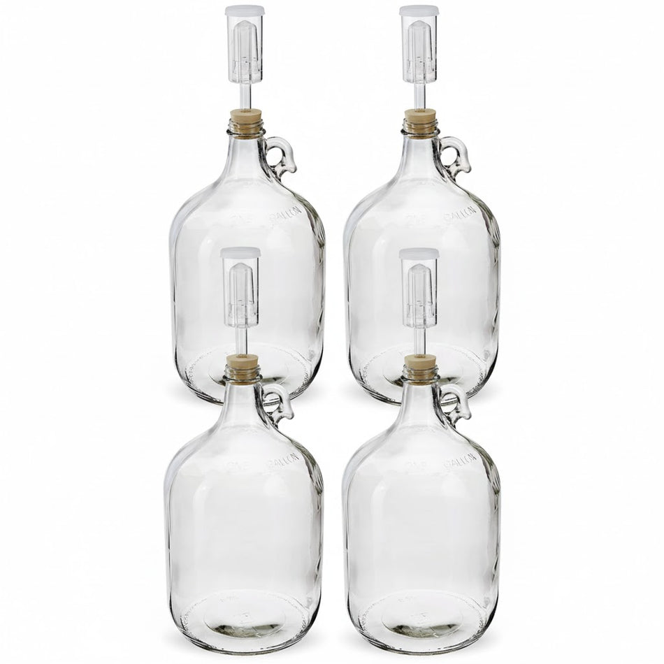 1 Gallon Glass Fermenter Kit - 4-Pack Complete with Stoppers & Airlocks