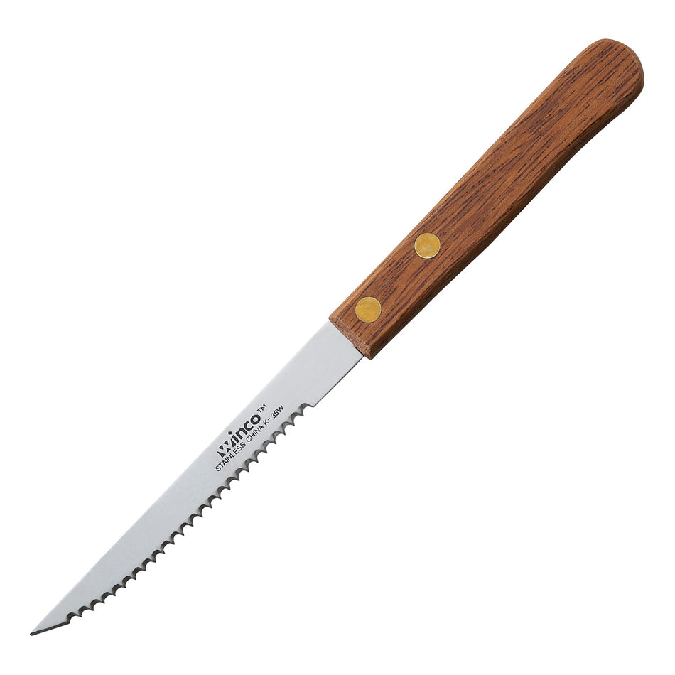 Winco K-35W Steak Knives, 4" Blade, Wooden Handle, Pointed Tip