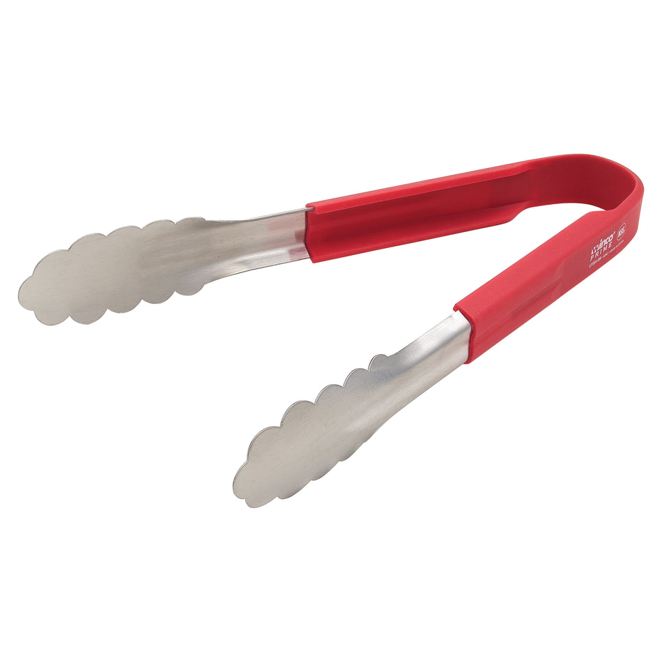 Winco UTSH-9R 9 Inch Stainless Steel Utility Tongs with Red Silicone Handle