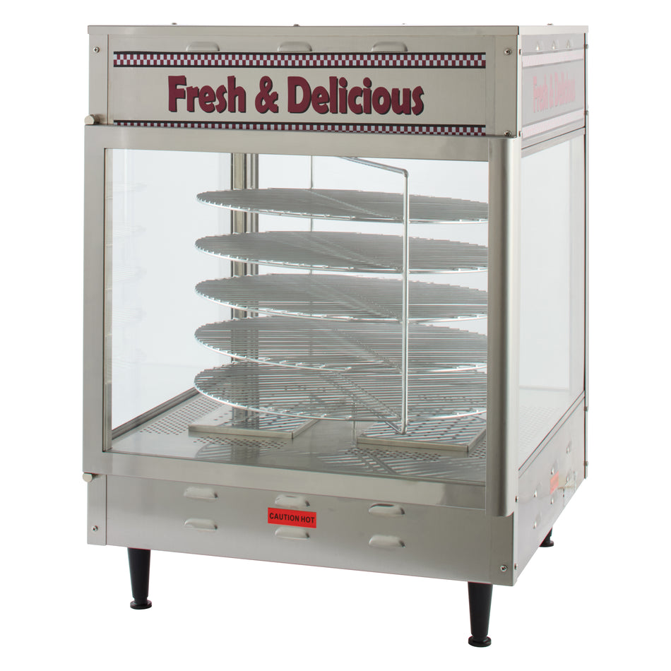 Winco 51018 24 Inch 3 Tier Rotating Rack Electric Hot Food Display Case Stainless Steel with Pass-thru