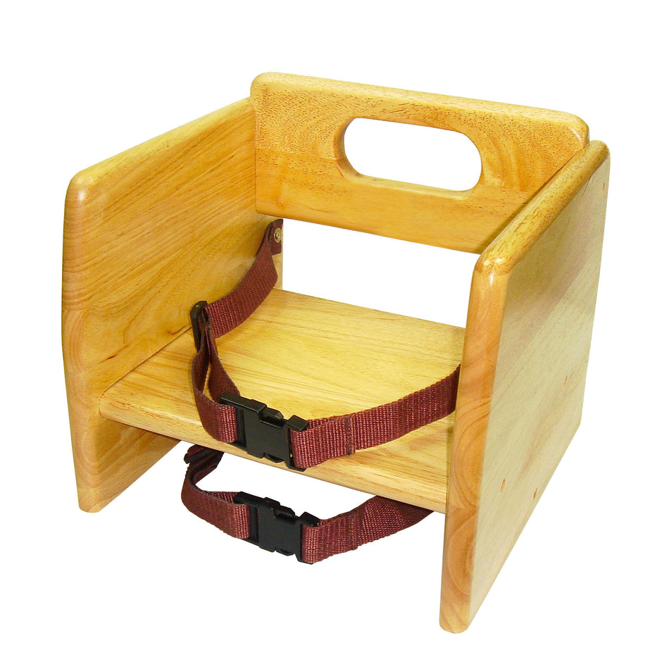 11-4/5" x 11-4/5" x 10-5/8", Natural Wood Finished, Children Booster Seat, Rubber Wood with Harness Straps, Seat Back Support Maximum 17", Knock-Down Package, Stackable, ASTM F404-18a Certified