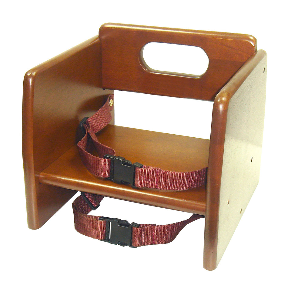 11-4/5" x 11-4/5" x 10-5/8", Walnut Wood Finished, Children Booster Seat, Rubber Wood with Harness Straps, Seat Back Support Maximum 17", Knock-Down Package, Stackable, ASTM F404-18a Certified