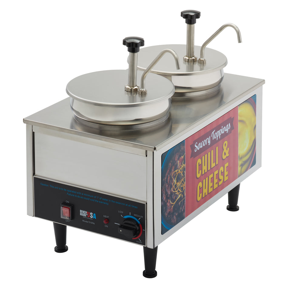 Winco 51074A 21 Inch Benchmark Chili and Cheese Warmer with 2 Stainless Steel Pumps