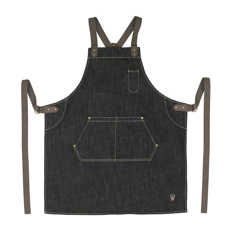 Winco BADN-3126 31-3/4 Inch Bib Apron with 3 Pockets Dark Wash Denim