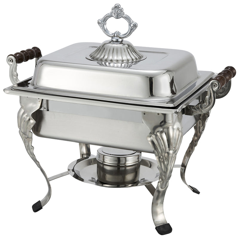 Winco 508 4 Quarts Chafing Dish Square with Dome Cover Wooden Handles Stainless Steel