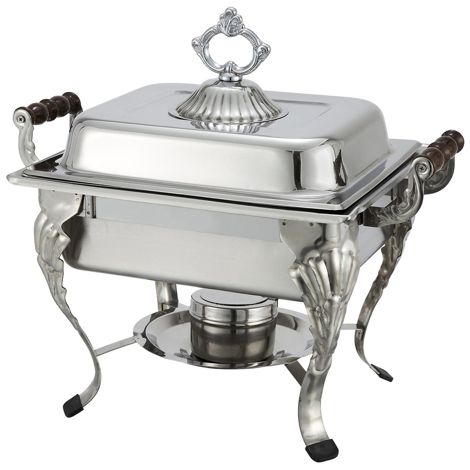 Winco 508 4 Quarts Chafing Dish Square with Dome Cover Wooden Handles Stainless Steel