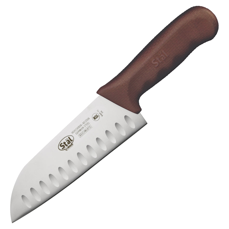 Winco KWP-70N 11-3/4 Inch Overall Length 7 Inch Blade Santoku Knife High Carbon Steel Polypropylene Brown Granton Edge