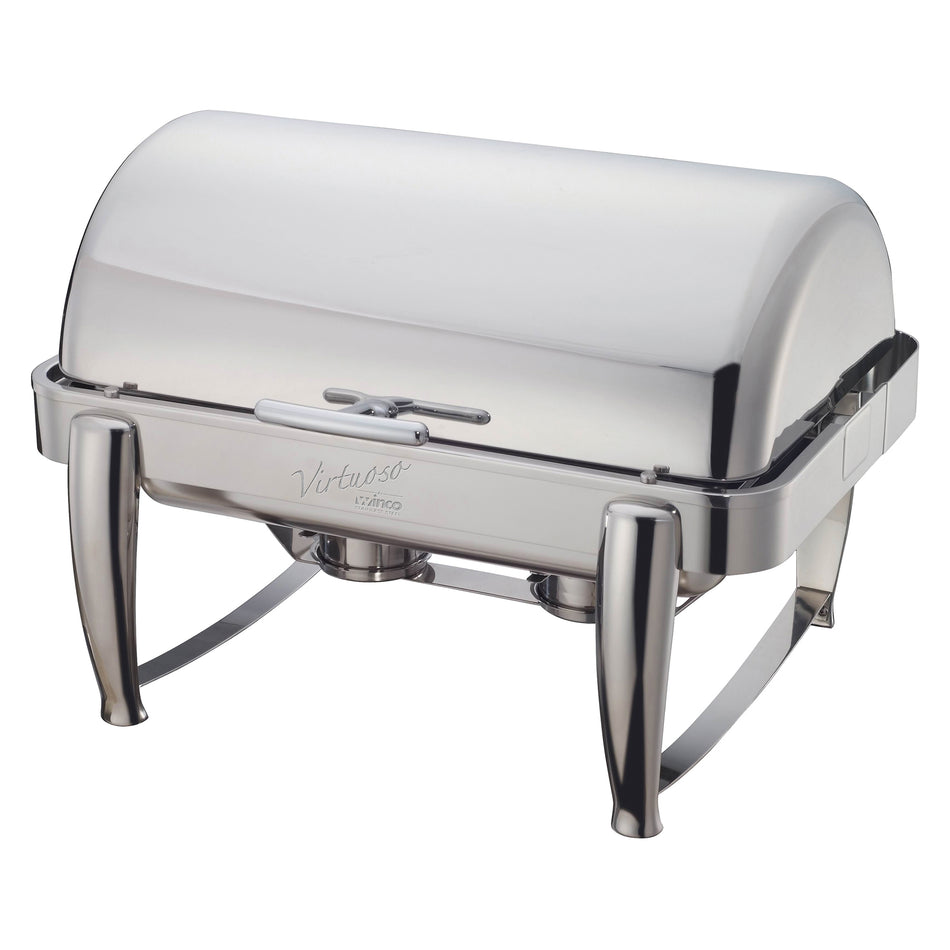 Winco 101B 8 Quart Canned Heat Chafing Dish Rectangular Roll Top Stainless Steel with Food Pan and Water Pan