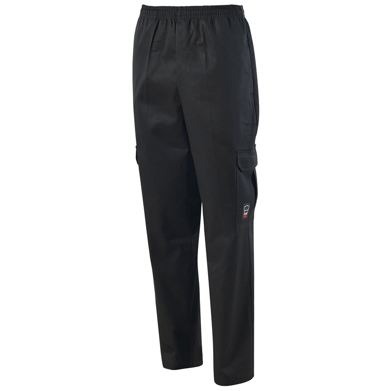 Winco UNF-11KL Large Cargo Chef Pants Elastic Waistband Drawstring Black Poly-Cotton
