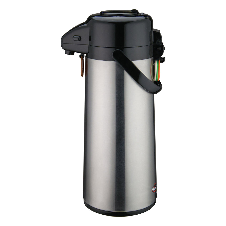 Winco AP-525 2.5 Liter Airpot Glass Liner Push Button Stainless Steel with Tags